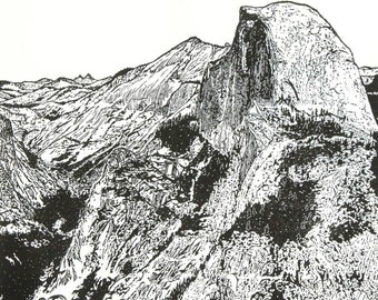 Half Dome from Glacier Point - Yosemite, Fine Art Linocut Print 24 x 18 Black & White, National Park with Cloud's Rest, Cock's Comb, Valley