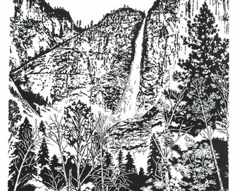 Spring Runoff - Yosemite, Famous Falls Fine Art Linocut Print 24 x 18 Black & White, Relief Print, Anniversary Series, National Park