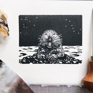 RODENT Inktober Lino Mini, Moonscape Gopher 3x4 inch mini linocut relief print - A portion of each sale goes to Creek Fire Recovery Efforts