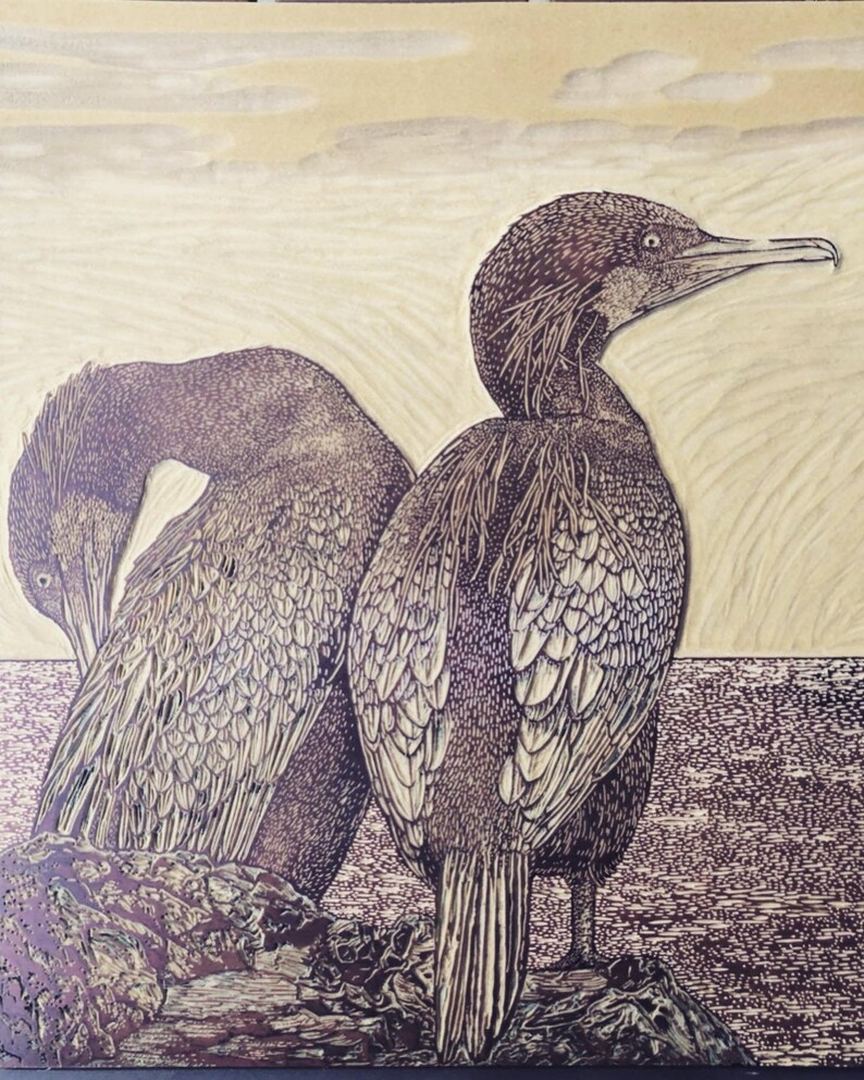 BIRDS of a FEATHER Fine Art Linocut Relief Print, Original Art, 2-block, Multi-color 13 x 11, Cormorant, California Coast image 6