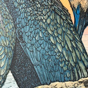 BIRDS of a FEATHER Fine Art Linocut Relief Print, Original Art, 2-block, Multi-color 13 x 11, Cormorant, California Coast image 2