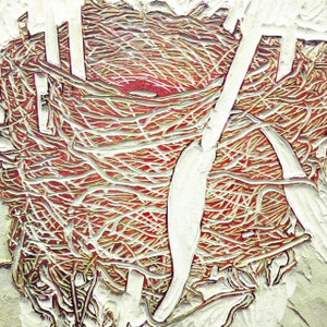 May include: Abstract art print with a red, white, and green color scheme. The print features a textured, woven design that resembles a bird's nest.