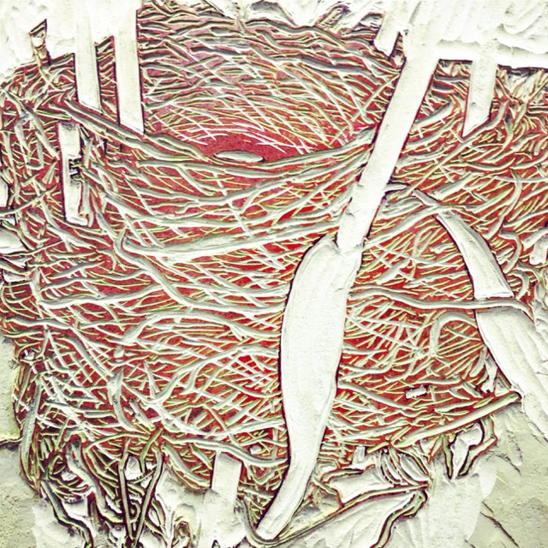 May include: Abstract art print with a red, white, and green color scheme. The print features a textured, woven design that resembles a bird's nest.