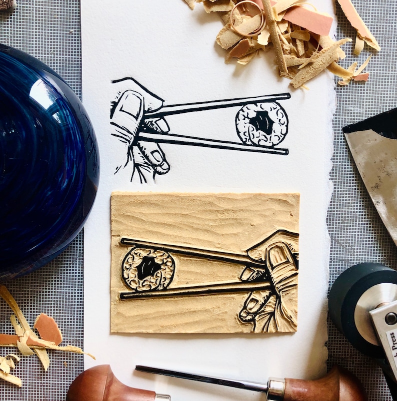 FISH Inktober Linocut Mini Sushi Tuna Roll 3x4 inch mini linocut relief print A portion of each sale goes to Creek Fire Recovery Efforts
