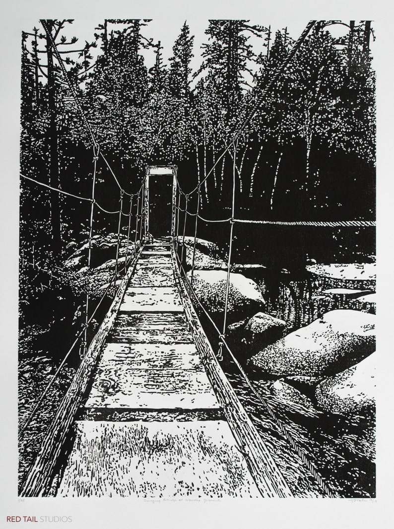 Swinging Bridge At Wawona Yosemite Fine Art Linocut Print 24 X 18 Black White National Park Relief Print Anniversary Series River