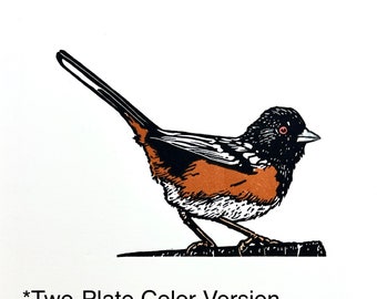 Spotted Towhee Linocut Relief Print, Bird Art in Color or Black and White Versions