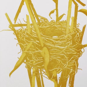May include: A golden yellow bird's nest made of twigs and branches, with a white background.