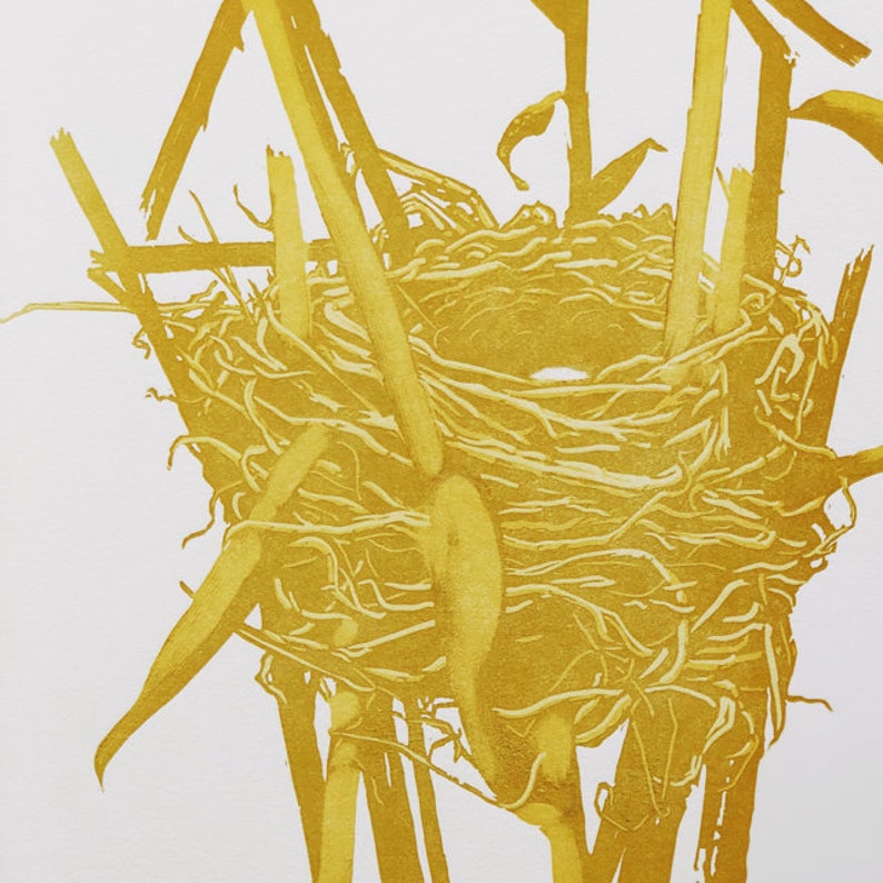 May include: A golden yellow bird's nest made of twigs and branches, with a white background.