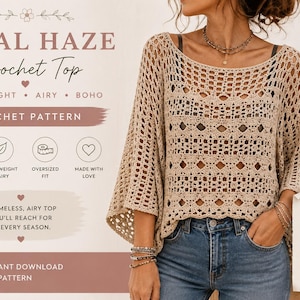 May include: A beige crochet top with bell sleeves is shown. The top is part of a crochet pattern called "Petal Haze". The design is described as lightweight, airy, and boho. The pattern is available as an instant PDF download.