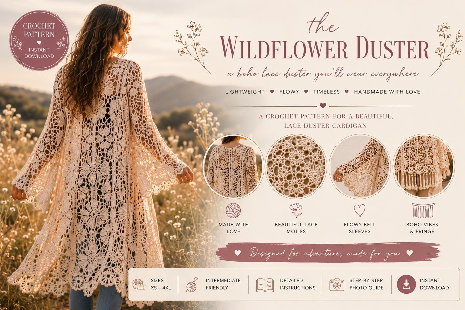 30 Duster Crochet Patterns for Boho Layers, Lace Cardigans, and Statement Coats 29 Wildflower Bell-Sleeve Lace Duster