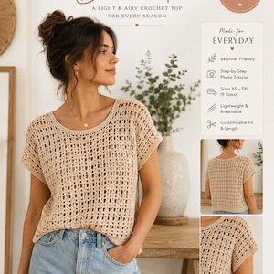 Peut inclure: Un haut en crochet beige clair avec un col rond et des manches courtes. L'image comprend le texte "EVERYDAY Bloom Tee" et des détails sur le modèle de crochet, y compris le fil, la taille du crochet et les tailles disponibles.