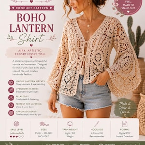 Puede incluir: Se muestra un patrón de crochet para una camisa Boho Lantern. La imagen muestra a una mujer que lleva la camisa, que tiene una textura calada, mangas de farol únicas y un ajuste relajado. El patrón está diseñado para creadores que aman el estilo boho e incluye tallas XS (6) - 5XL (28).
