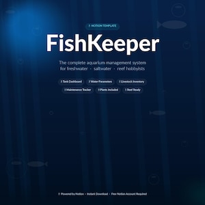 Puede incluir: Gráfico digital con un fondo degradado azul que presenta el texto "FishKeeper" en letras blancas grandes. El texto de abajo dice: "El sistema completo de gestión de acuarios para aficionados al agua dulce, salada y de arrecife."