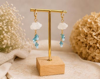 Handmade Cloud Hoop Dangle Earrings: Blue Beaded Rain Earrings