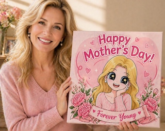Personalized Mother’s Day Portrait Canvas: Custom Mom Illustration, Forever Young Wall Art Gift for Mother, Birthday Gift for Mom