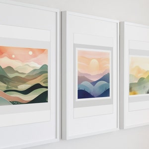 Watercolor print, set of 3, digital download, gallery wall set, 3 piece wall art set, Sunset poster printable, 3 panel wall art,square print