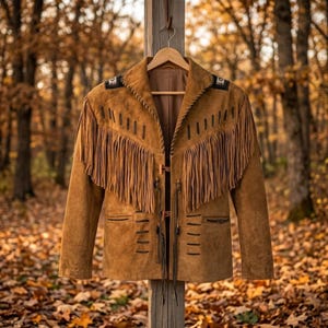 May include: A tan suede jacket featuring long fringe detailing across the chest and shoulders, a notched collar, and leather lace-up closures down the front. The garment includes decorative black and white patterned accents on the shoulder panels.