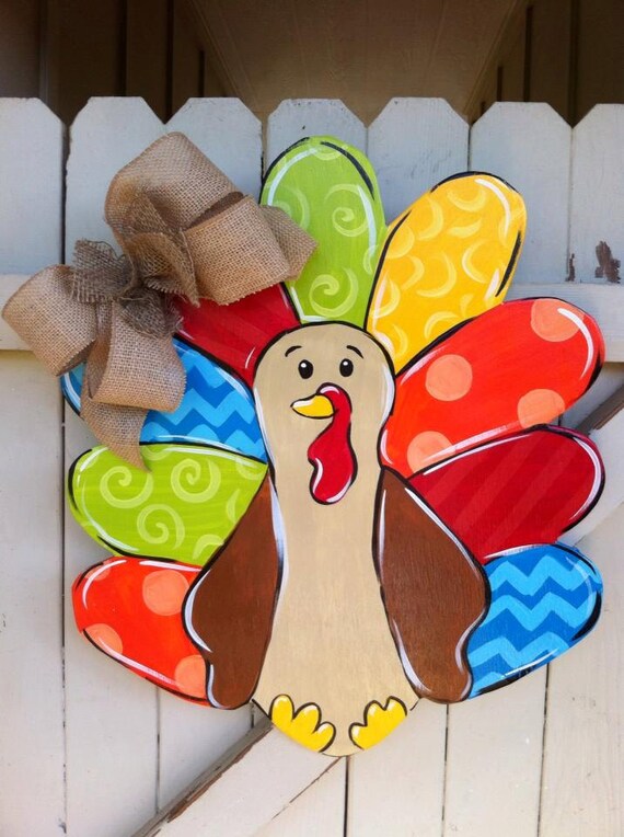 Thanksgiving Turkey Wooden Door Hanger Burlap Bow Hand Painted