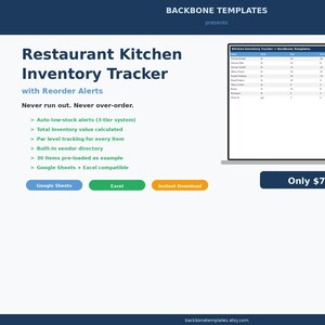 Könnte beinhalten: Ein digitaler Restaurant-Küchen-Inventar-Tracker mit Nachbestellbenachrichtigungen. Enthält automatische Warnungen bei niedrigem Lagerbestand, Berechnung des Gesamtinventarwerts und ein integriertes Lieferantenverzeichnis. Kompatibel mit Google Sheets und Excel.