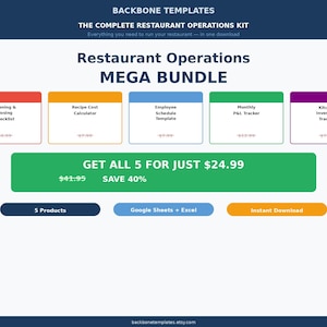 May include: A digital graphic promoting a restaurant operations mega bundle. The image features colorful boxes with titles like "Opening & Closing Checklist" and "Recipe Cost Calculator." The text "GET ALL 5 FOR JUST $24.99" is prominent.