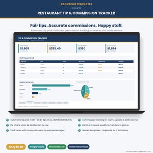 May include: A laptop screen displays a restaurant tip and commission tracker. The interface shows financial data, including total tips, commissions, and staff payout details. The design includes charts and graphs for data visualization. Text on the screen reads "Fair tips. Accurate commissions. Happy staff."