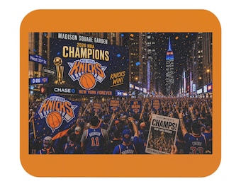 May include: A rectangular print featuring a crowd celebrating the 2026 NBA Champions, the New York Knicks. The image displays a large digital billboard at Madison Square Garden, a basketball trophy, and fans holding signs and a newspaper reading CHAMPS!