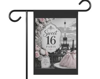 May include: A rectangular garden flag hanging on a black metal stand. The design features a black and white image of the Eiffel Tower, a pink floral arrangement, a pink tulle dress, and a sign with the text Sweet 16 PARIS and Bonjour Sweet 16 Let the adventure begin.