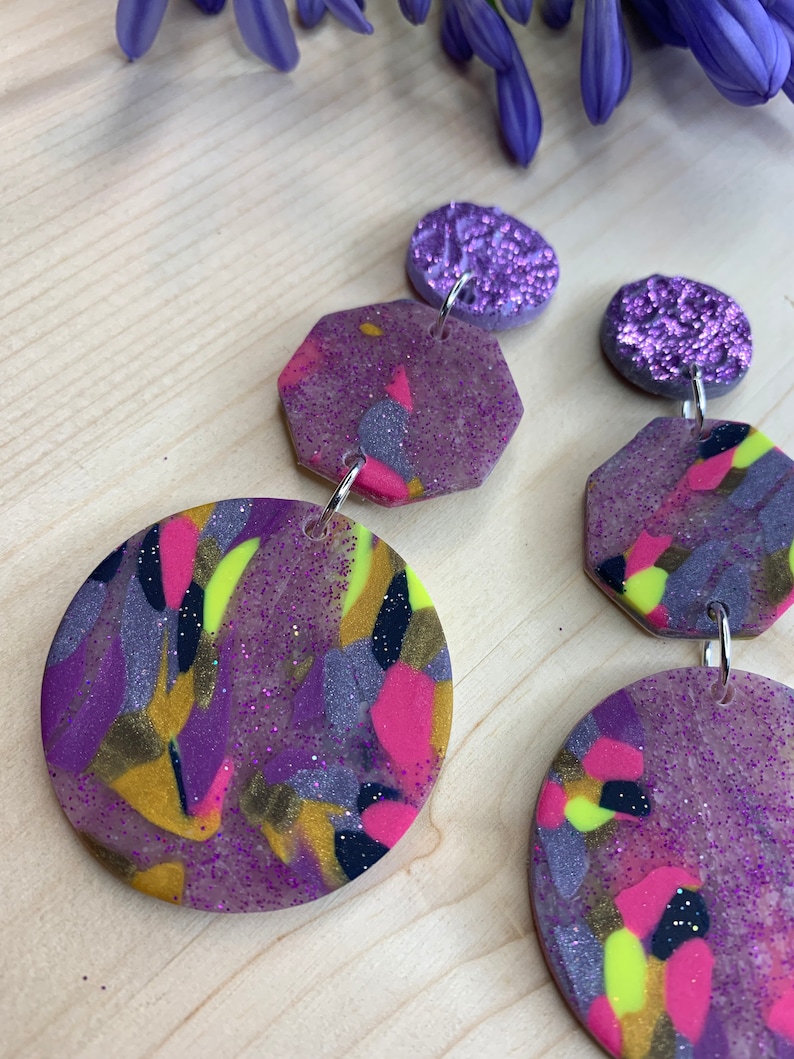 Polymer Clay Purple Glitter Handmade Earring Etsy