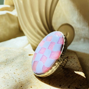 Rose Quartz and Pastel Violet Checkerboard Silver Adjustable Polymer Clay Ring