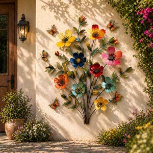 Decorazione murale in metallo con fiori colorati, insegna in metallo per giardino delle farfalle, decorazione floreale rustica, decorazione murale per interni ed esterni, regalo per la mamma, decorazione floreale