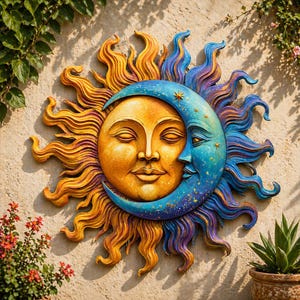 Può includere: Decorazione murale raffigurante un sole e una luna. Il sole è giallo-arancio caldo con raggi dettagliati, e la luna è blu freddo con stelle. I due corpi celesti sono intrecciati, creando un pezzo armonioso e artistico.