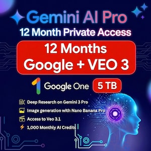 Puede incluir: Gráfico digital que promociona "Gemini AI Pro" con "Acceso Privado 12 Meses". Destaca características como "Google + VEO 3", "Google One 5 TB" y "1,000 Créditos de IA Mensuales". Incluye una cabeza humana estilizada con un cerebro brillante.