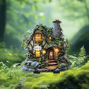 May include: A whimsical fairy house with a stone chimney, wooden door, and glowing windows. The house is covered in greenery and vines, with the text "Not 3D" visible. The miniature house sits on a mossy base, creating a magical scene.