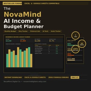 May include: Digital income and budget planner titled "NovaMind AI Income & Budget Planner." The graphic includes financial data, charts, and the text "Excel & Google Sheets Compatible." It also features a goals tracker and Etsy product tracker.