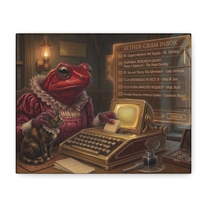 May include: A whimsical illustration features a red frog in a Victorian outfit, typing on a gold typewriter. A cat sits nearby. The image includes text: "Aether-Gram Inbox" and "Temporal Variant Analysis."