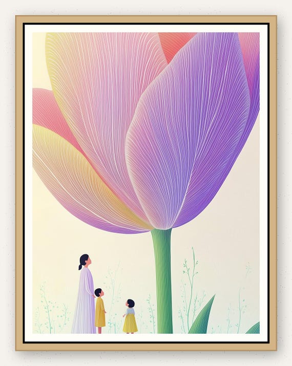 Family Tulip Print: Mother and Children Under Giant Flower (Digital Download)