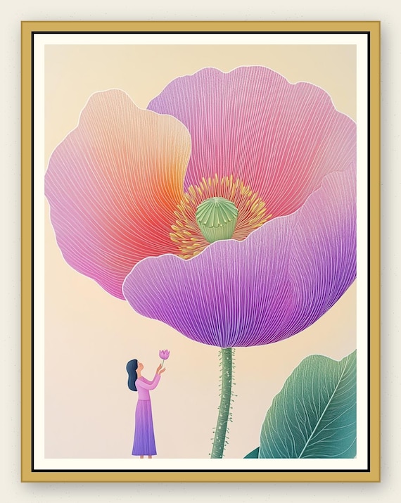 Poppy Flower Art Print: Woman Offering Flower, Nature Devotion (Digital Download)