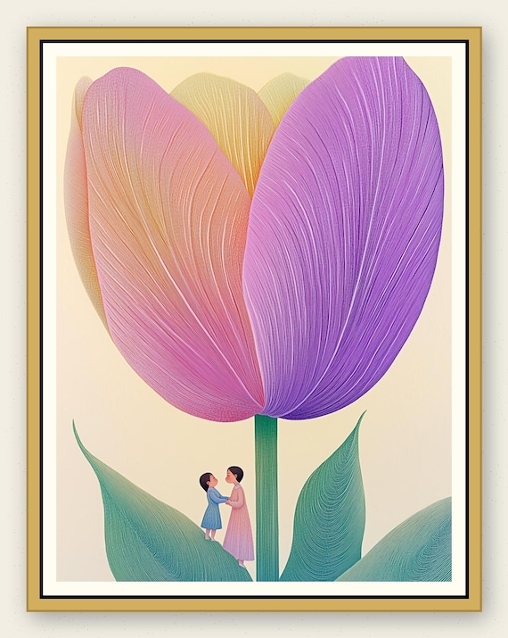Poetic Tulip Gradient Print: Dreamy Ink Linework Wall Art (Digital Download)