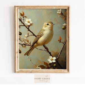 Pájaro cantor en rama florecida estilo cottagecore - Arte botánico vintage, escena natural acogedora, decoración de pared imprimible, ilustración de pájaro sereno 2