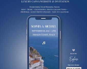 Luxury Mediterranean Wedding Website Template, Digital Wedding Invitation, RSVP, Music, Photo Gallery, Canva