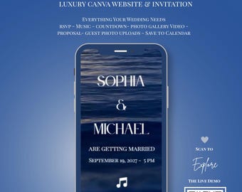 Coastal Wedding Website Template, Digital Wedding Invitation, RSVP, Music, Photo Gallery, Canva, Cobalt Blue