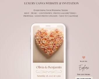 Wedding Website Template, Cinematic Canva Invitation Digital, Champagne Rose, Music, RSVP, Photo Gallery, Photo Sharing, Save the Date