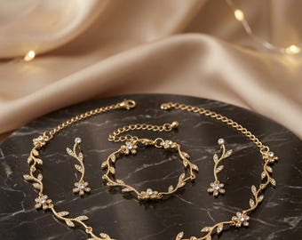 Gold Rhinestone Bridal Jewelry Set Necklace Earrings Bracelet Wedding Bridesmaid Gift