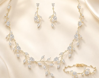Blattgold Braut Schmuck Set , Cubic Zirconia Hochzeit Halskette Ohrringe Armband