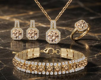 4pcs Gold Cubic Zirconia Wedding Jewelry Set for Bride Bridesmaid Necklace Earrings Bracelet Ring