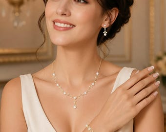 Pearl Leaf Bridal Jewelry Set Gold Wedding Necklace Earrings