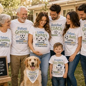 May include: A group of people wearing white t-shirts with football-themed pregnancy announcement graphics. The shirts feature text like Future Grandma, Future Grandpa, Little Kickers, Assistant Coach, Future Aunt, Future Uncle, and Promoted to Big Sibling.