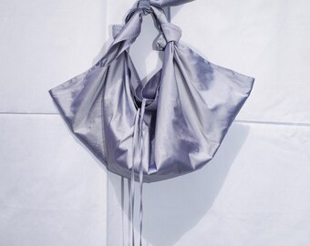 Handmade Grey Knot Bag, Adjustable Shoulder Furoshiki Style