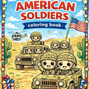 May include: A coloring book titled "Kawaii AMERICAN SOLDIERS" with cartoon illustrations of soldiers in military vehicles, a helicopter, and an American flag. The cover features a desert landscape with cacti and fireworks.