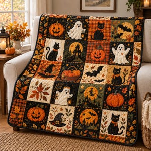 May include: A quilted throw blanket featuring a grid of square panels with Halloween-themed illustrations including orange pumpkins, white ghosts, black cats, witch hats, bats, and haunted houses, all set against a background of autumn leaves.